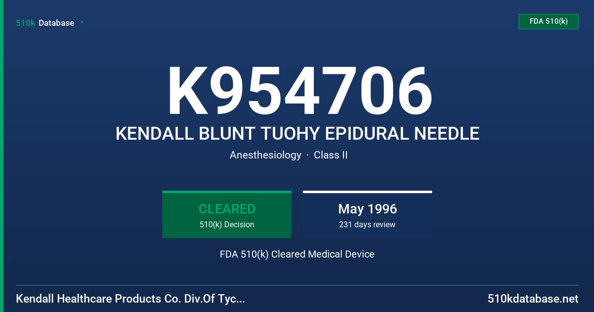 K954706 KENDALL BLUNT TUOHY EPIDURAL NEEDLE FDA 510(k) Cleared Medical Device