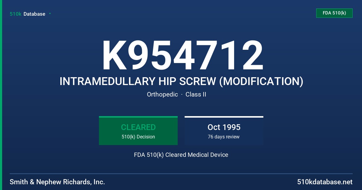 K954712 INTRAMEDULLARY HIP SCREW (MODIFICATION) FDA 510(k) Cleared Medical Device