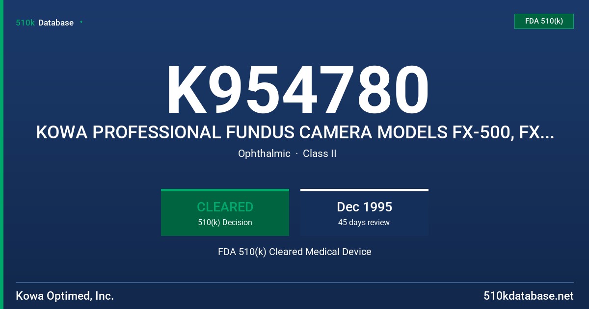 K954780 KOWA PROFESSIONAL FUNDUS CAMERA MODELS FX-500, FX-500S, FX-500C FDA 510(k) Cleared Medical Device