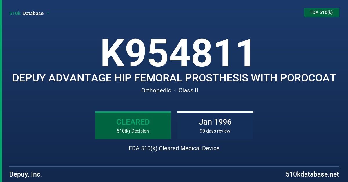K954811 DEPUY ADVANTAGE HIP FEMORAL PROSTHESIS WITH POROCOAT FDA 510(k) Cleared Medical Device