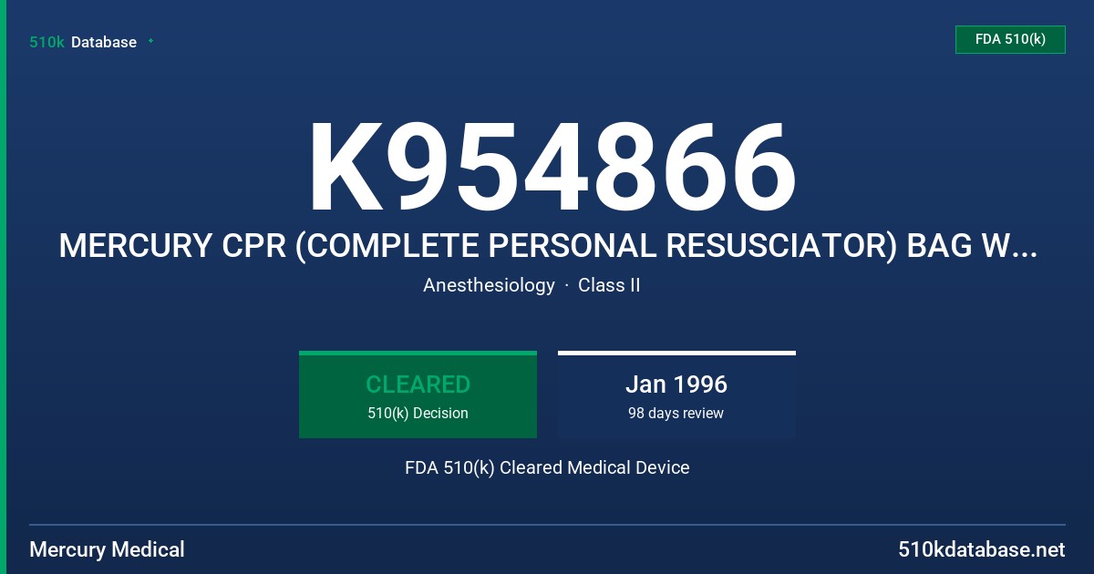 K954866 MERCURY CPR (COMPLETE PERSONAL RESUSCIATOR) BAG WITH EXPANDABLE RESERVOIR FDA 510(k) Cleared Medical Device