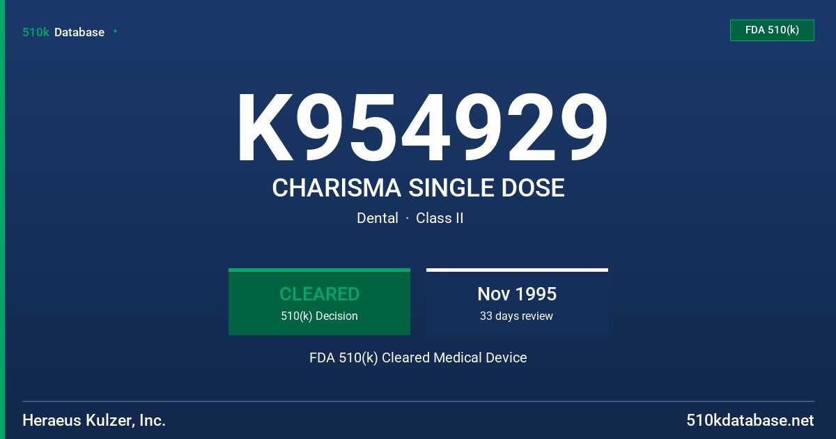 K954929 CHARISMA SINGLE DOSE FDA 510(k) Cleared Medical Device