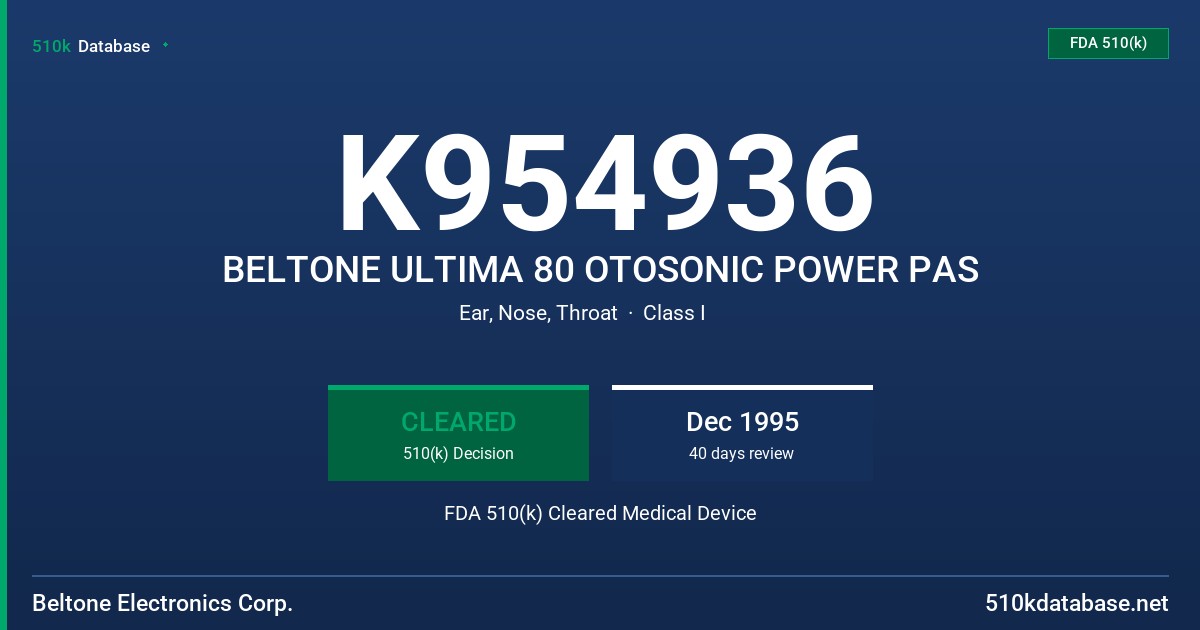 K954936 BELTONE ULTIMA 80 OTOSONIC POWER PAS FDA 510(k) Cleared Medical Device