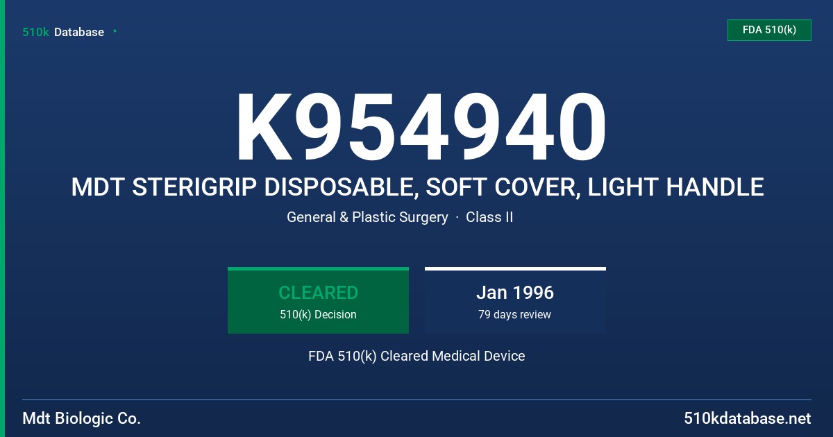 K954940 MDT STERIGRIP DISPOSABLE, SOFT COVER, LIGHT HANDLE FDA 510(k) Cleared Medical Device