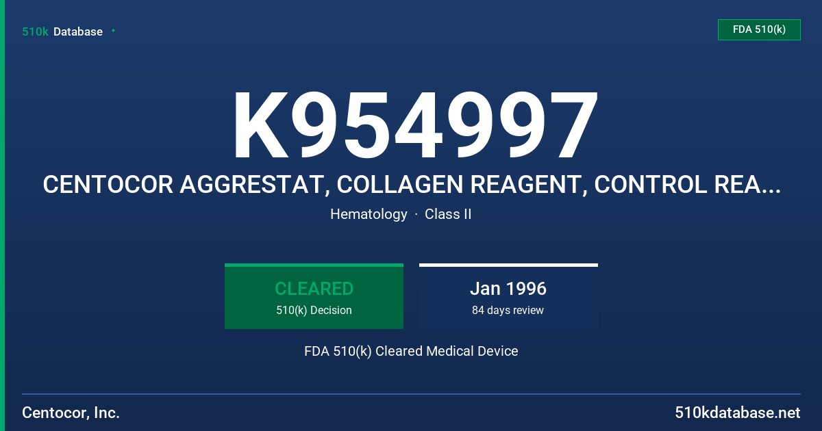 K954997 CENTOCOR AGGRESTAT, COLLAGEN REAGENT, CONTROL REAGENT FDA 510(k) Cleared Medical Device