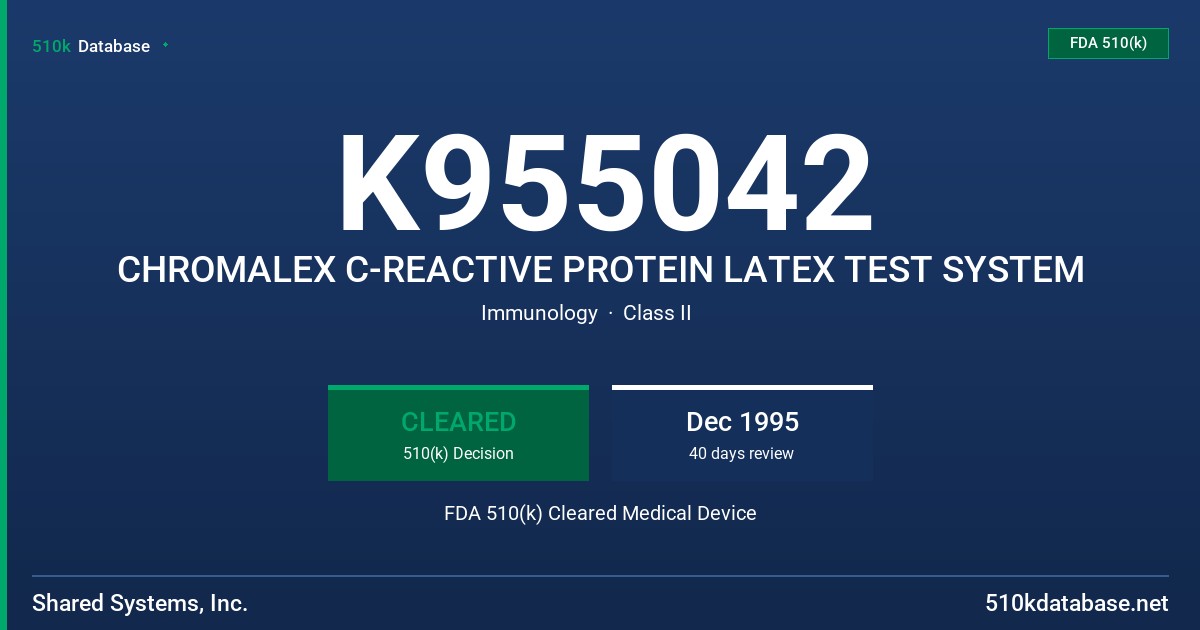 K955042 CHROMALEX C-REACTIVE PROTEIN LATEX TEST SYSTEM FDA 510(k) Cleared Medical Device