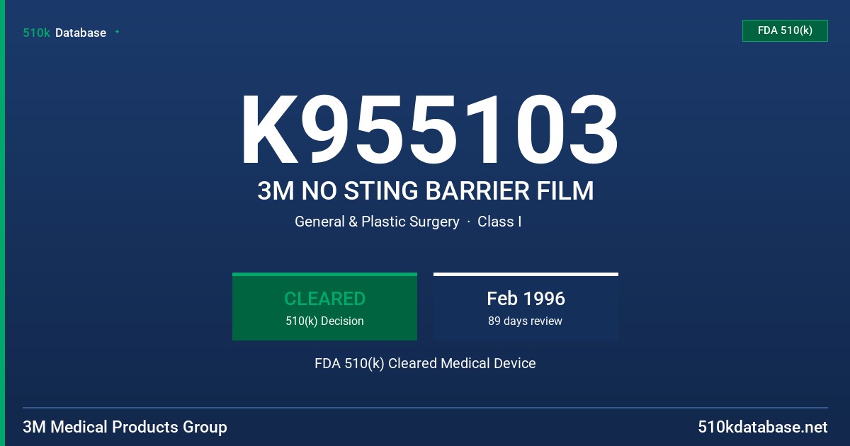 K955103 3M NO STING BARRIER FILM FDA 510(k) Cleared Medical Device