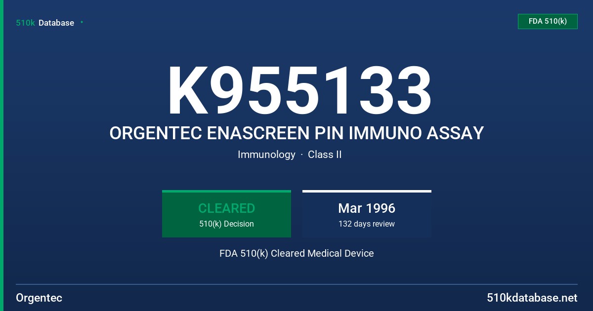 K955133 ORGENTEC ENASCREEN PIN IMMUNO ASSAY FDA 510(k) Cleared Medical Device