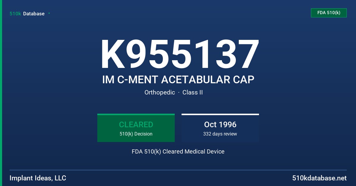 K955137 IM C-MENT ACETABULAR CAP FDA 510(k) Cleared Medical Device