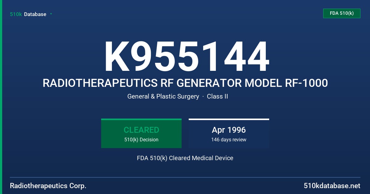 K955144 RADIOTHERAPEUTICS RF GENERATOR MODEL RF-1000 FDA 510(k) Cleared Medical Device