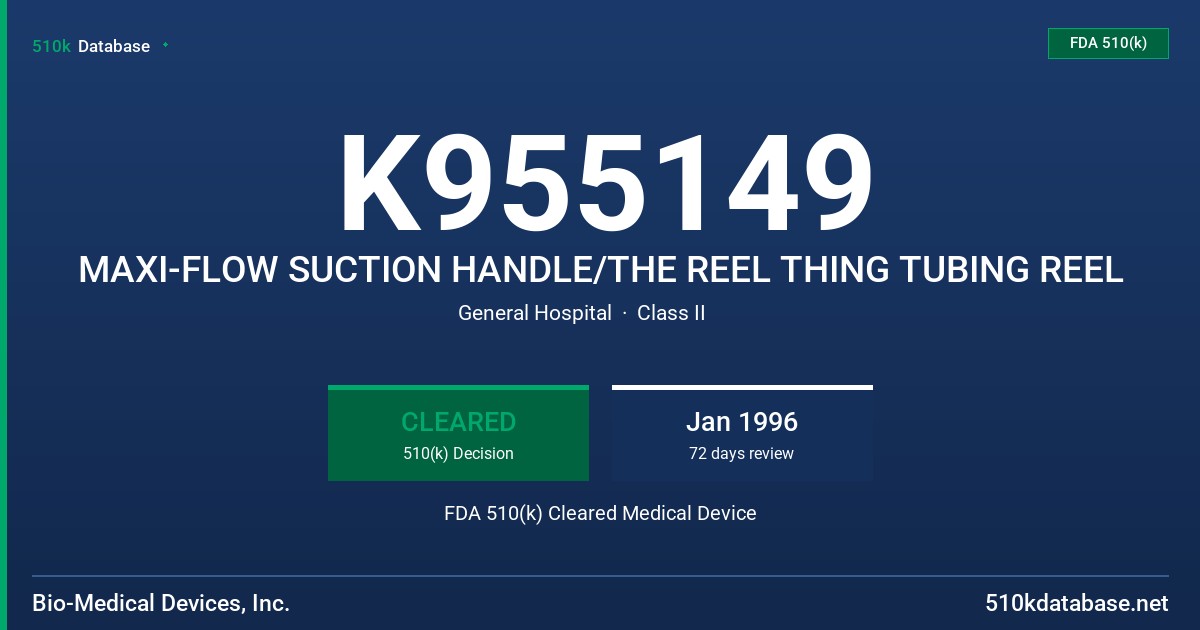 K955149 MAXI-FLOW SUCTION HANDLE/THE REEL THING TUBING REEL FDA 510(k) Cleared Medical Device
