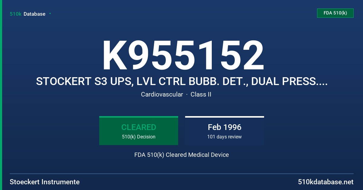 K955152 STOCKERT S3 UPS, LVL CTRL BUBB. DET., DUAL PRESS. CTRL., TEMP MONT., TIMER FDA 510(k) Cleared Medical Device