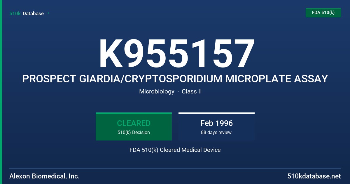 K955157 PROSPECT GIARDIA/CRYPTOSPORIDIUM MICROPLATE ASSAY FDA 510(k) Cleared Medical Device