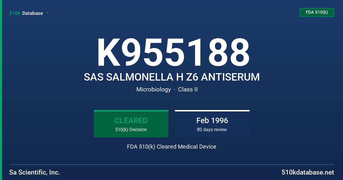 K955188 SAS SALMONELLA H Z6 ANTISERUM FDA 510(k) Cleared Medical Device
