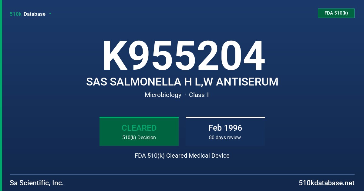 K955204 SAS SALMONELLA H L,W ANTISERUM FDA 510(k) Cleared Medical Device