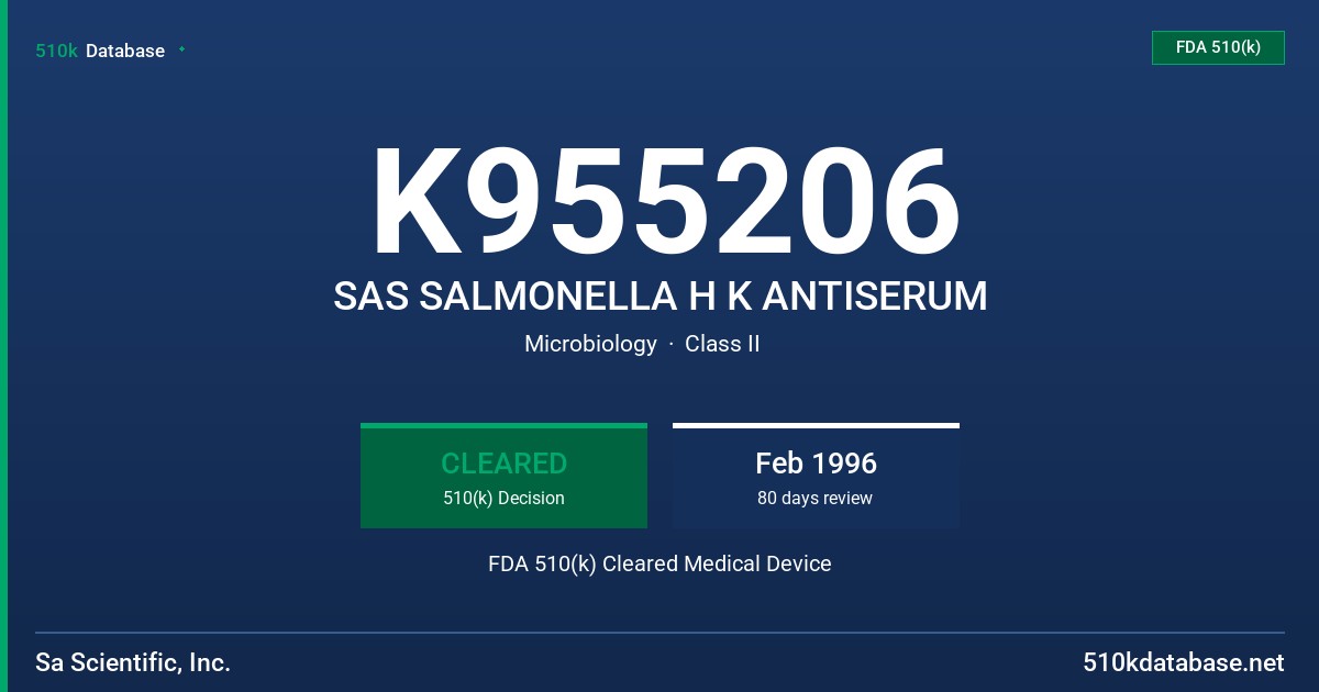 K955206 SAS SALMONELLA H K ANTISERUM FDA 510(k) Cleared Medical Device