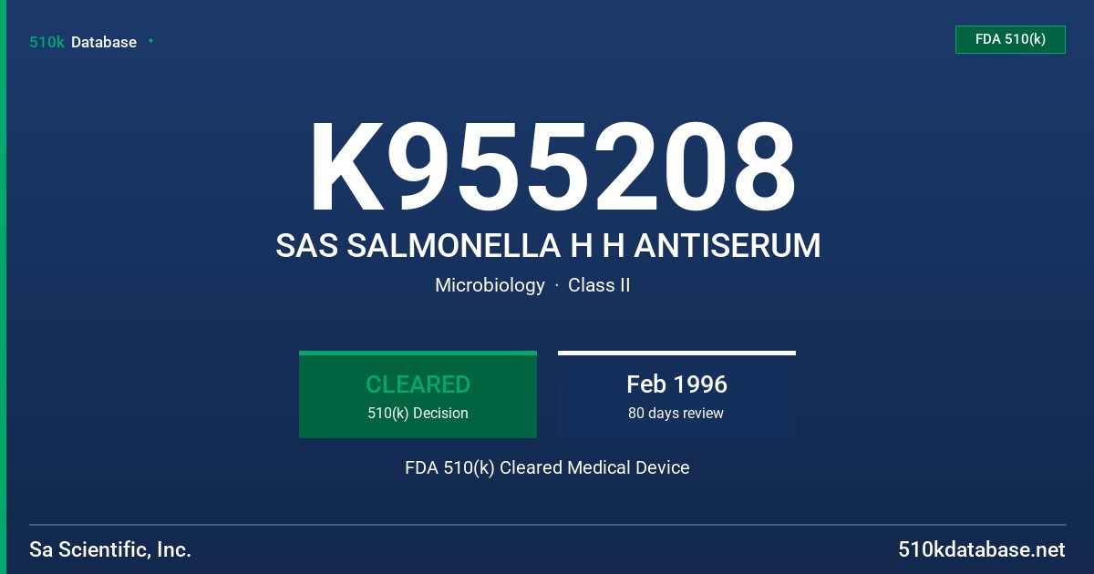 K955208 SAS SALMONELLA H H ANTISERUM FDA 510(k) Cleared Medical Device