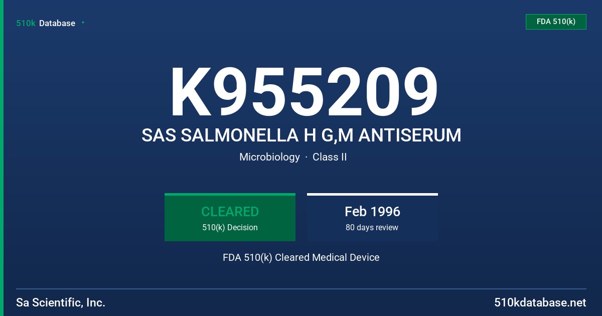 K955209 SAS SALMONELLA H G,M ANTISERUM FDA 510(k) Cleared Medical Device