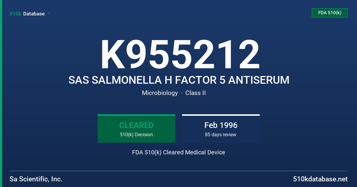 K955212 SAS SALMONELLA H FACTOR 5 ANTISERUM FDA 510(k) Cleared Medical Device