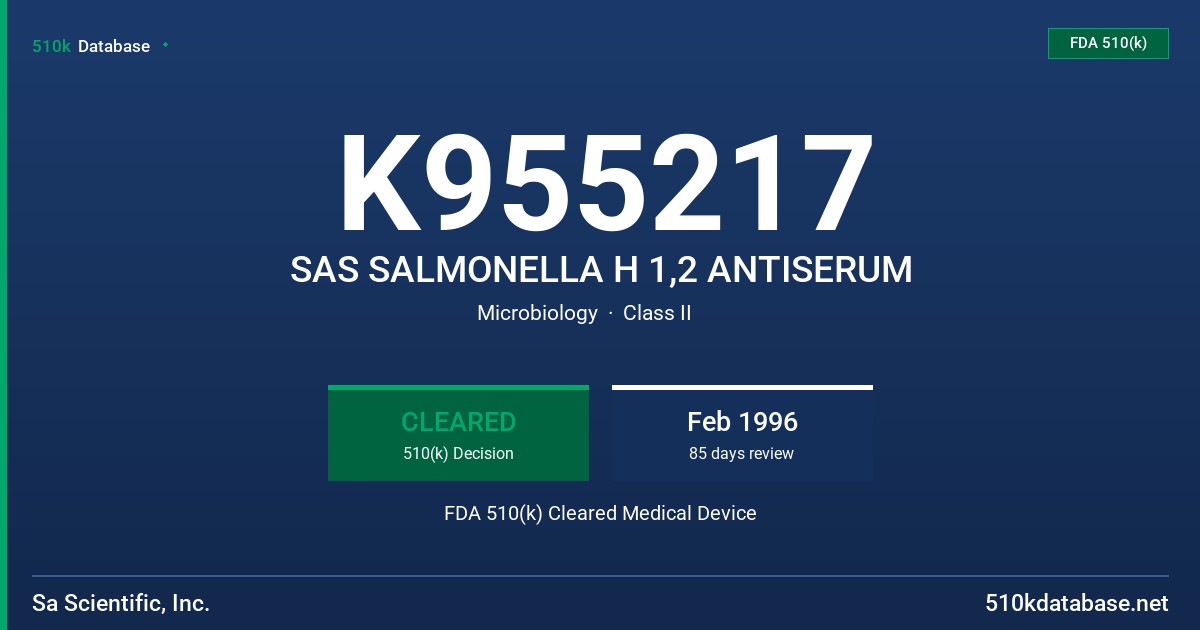 K955217 SAS SALMONELLA H 1,2 ANTISERUM FDA 510(k) Cleared Medical Device