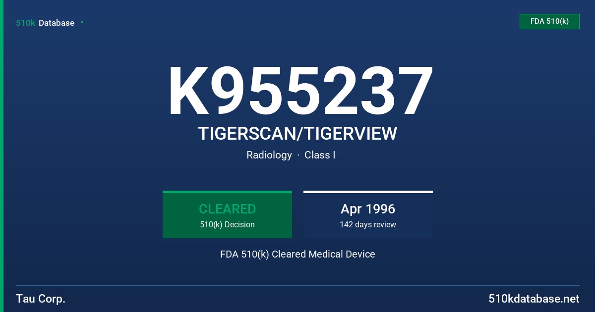 K955237 TIGERSCAN/TIGERVIEW FDA 510(k) Cleared Medical Device