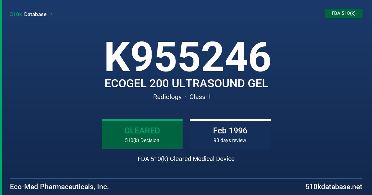 K955246 ECOGEL 200 ULTRASOUND GEL FDA 510(k) Cleared Medical Device