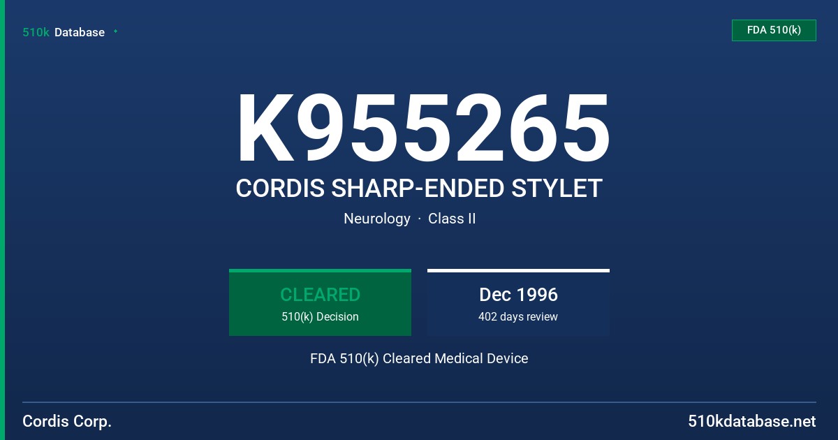 K955265 CORDIS SHARP-ENDED STYLET FDA 510(k) Cleared Medical Device