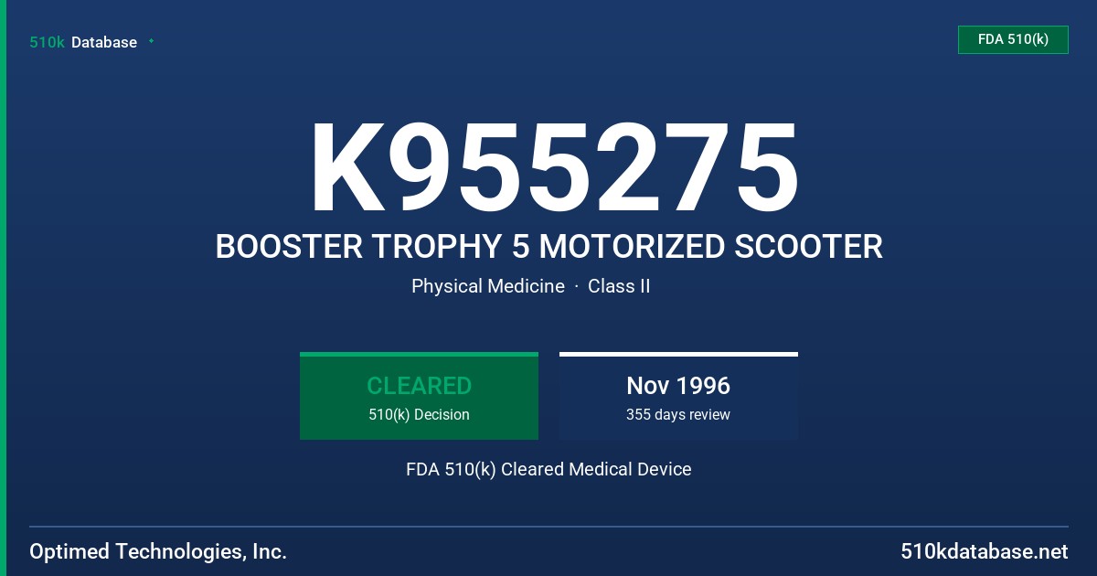 K955275 BOOSTER TROPHY 5 MOTORIZED SCOOTER FDA 510(k) Cleared Medical Device
