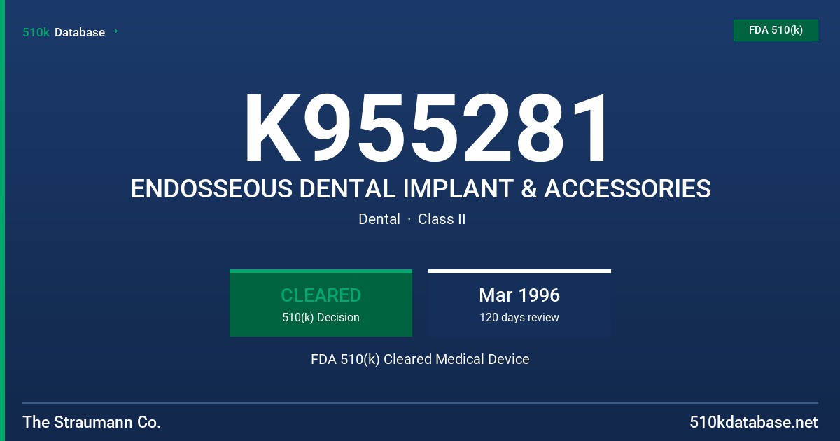 K955281 ENDOSSEOUS DENTAL IMPLANT & ACCESSORIES FDA 510(k) Cleared Medical Device