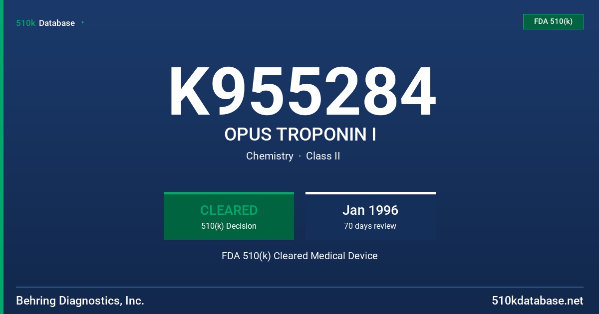 K955284 OPUS TROPONIN I FDA 510(k) Cleared Medical Device