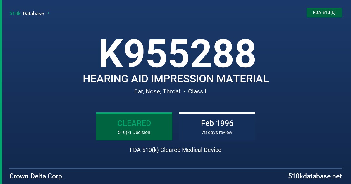 K955288 HEARING AID IMPRESSION MATERIAL FDA 510(k) Cleared Medical Device