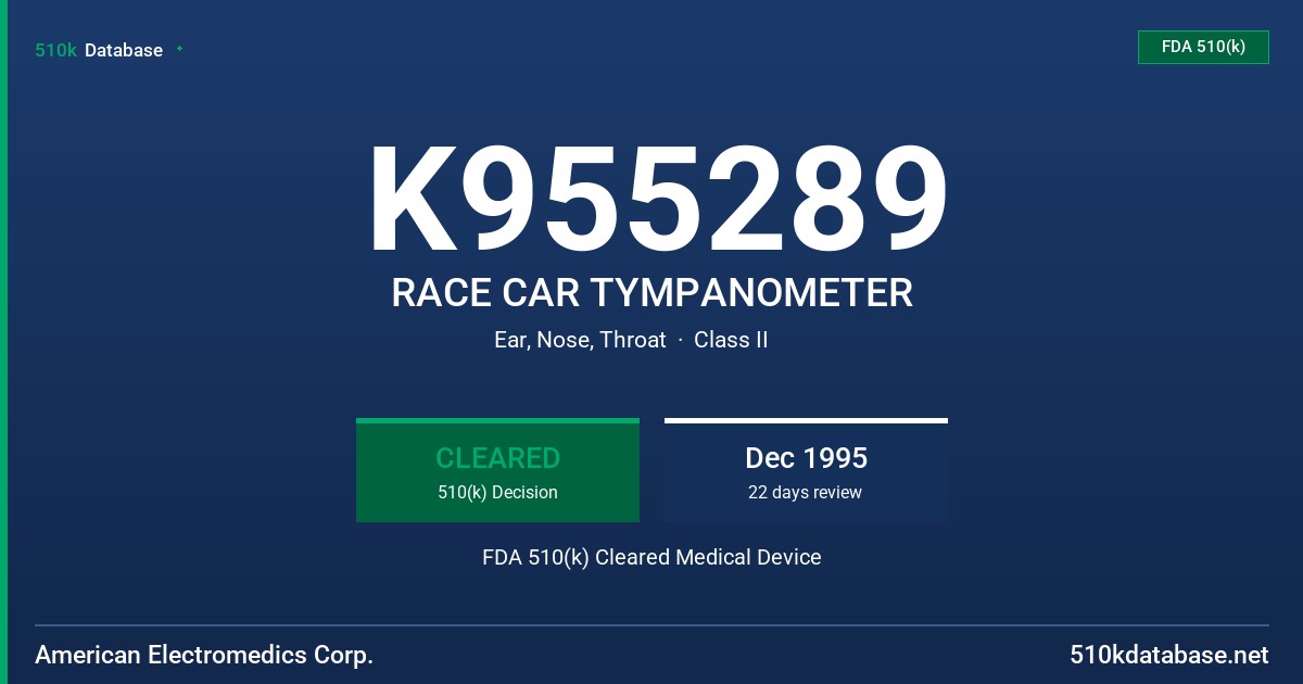 K955289 RACE CAR TYMPANOMETER FDA 510(k) Cleared Medical Device