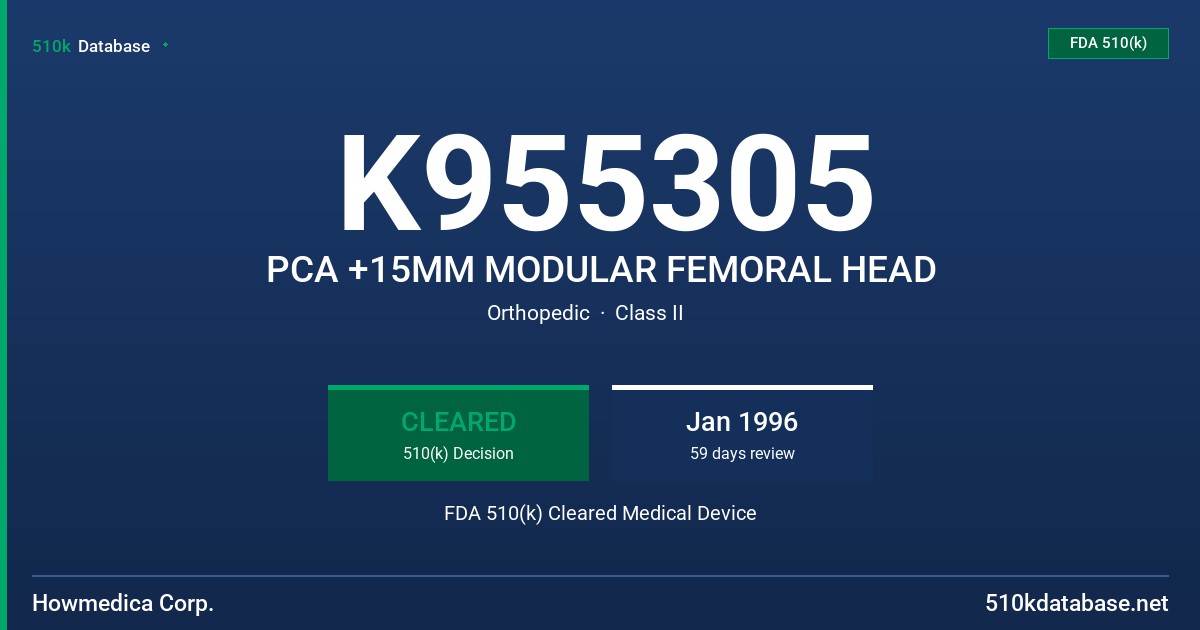 K955305 PCA +15MM MODULAR FEMORAL HEAD FDA 510(k) Cleared Medical Device