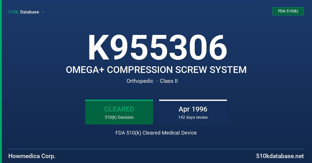 K955306 OMEGA+ COMPRESSION SCREW SYSTEM FDA 510(k) Cleared Medical Device