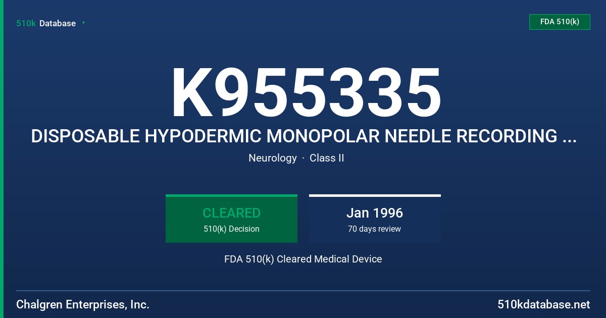 K955335 DISPOSABLE HYPODERMIC MONOPOLAR NEEDLE RECORDING ELECTRODE FDA 510(k) Cleared Medical Device