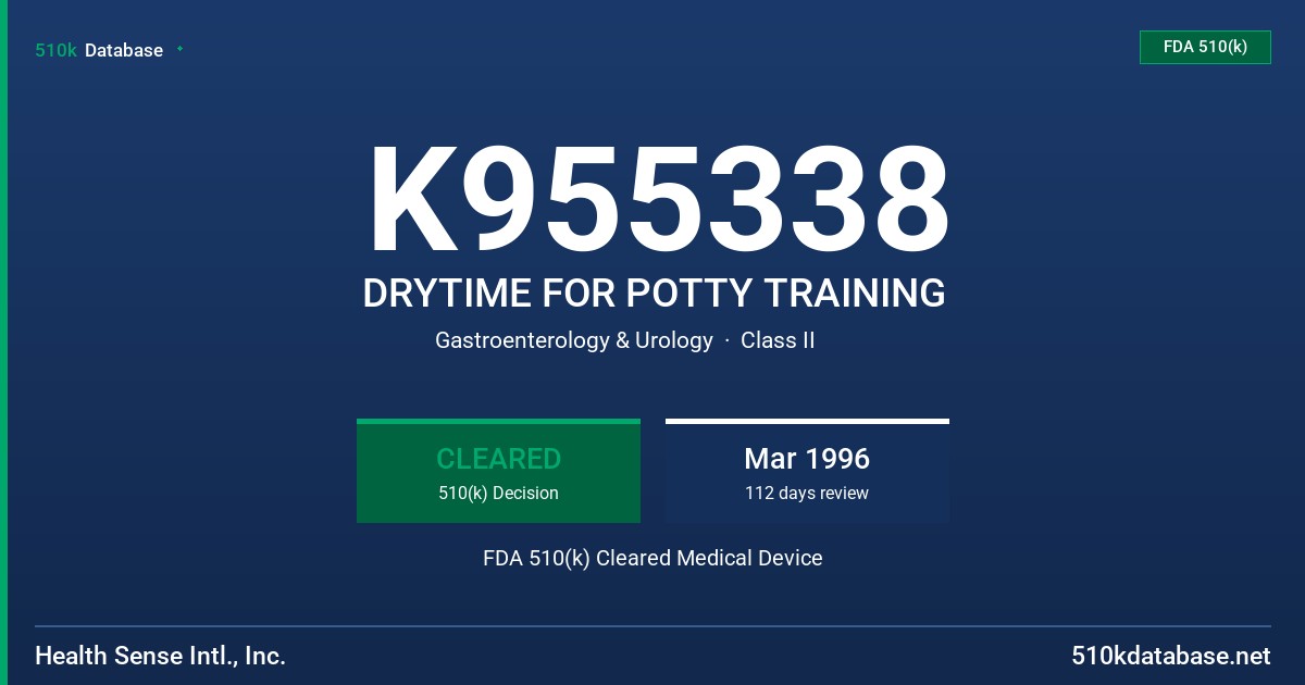 K955338 DRYTIME FOR POTTY TRAINING FDA 510(k) Cleared Medical Device