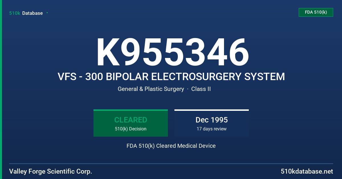 K955346 VFS - 300 BIPOLAR ELECTROSURGERY SYSTEM FDA 510(k) Cleared Medical Device