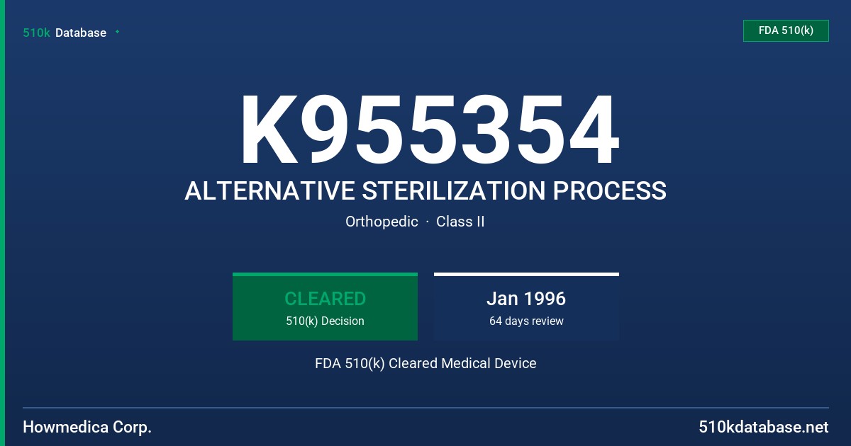 K955354 ALTERNATIVE STERILIZATION PROCESS FDA 510(k) Cleared Medical Device