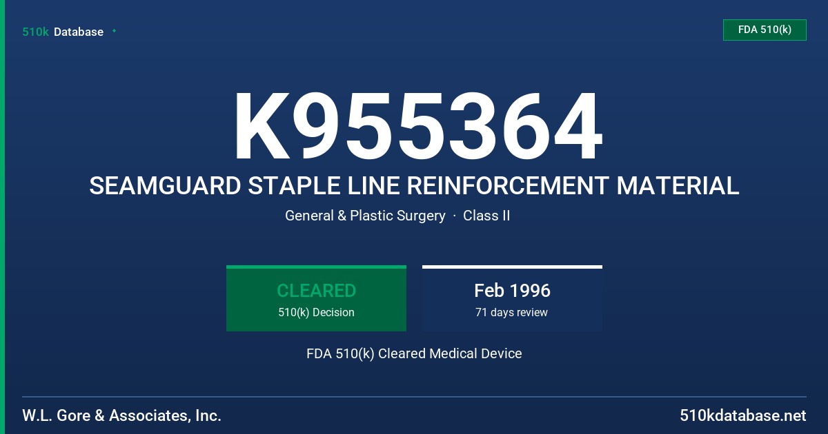 K955364 SEAMGUARD STAPLE LINE REINFORCEMENT MATERIAL FDA 510(k) Cleared Medical Device
