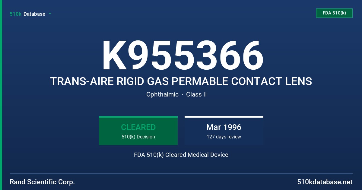 K955366 TRANS-AIRE RIGID GAS PERMABLE CONTACT LENS FDA 510(k) Cleared Medical Device