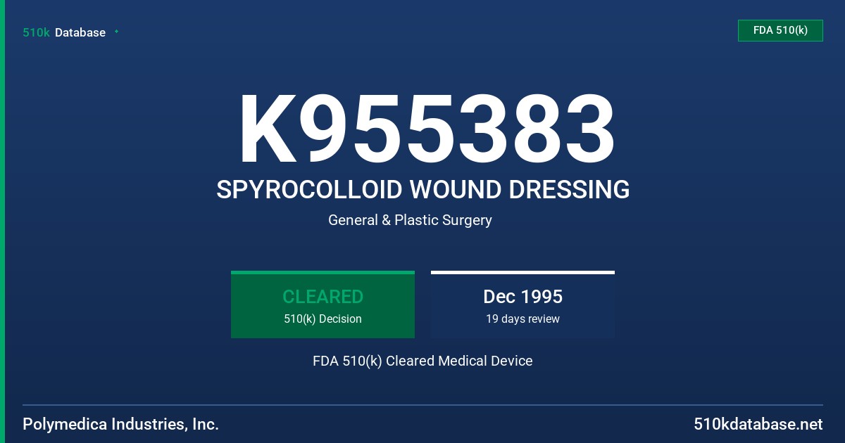K955383 SPYROCOLLOID WOUND DRESSING FDA 510(k) Cleared Medical Device