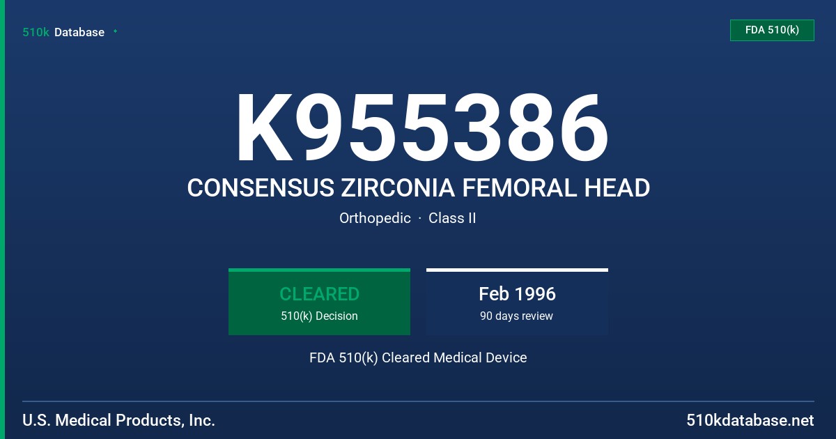 K955386 CONSENSUS ZIRCONIA FEMORAL HEAD FDA 510(k) Cleared Medical Device