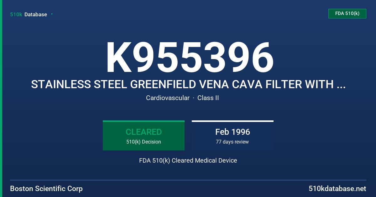 K955396 STAINLESS STEEL GREENFIELD VENA CAVA FILTER WITH 12F FLEXCARRIER INTRODUCTER SYSTEM FDA 510(k) Cleared Medical Device