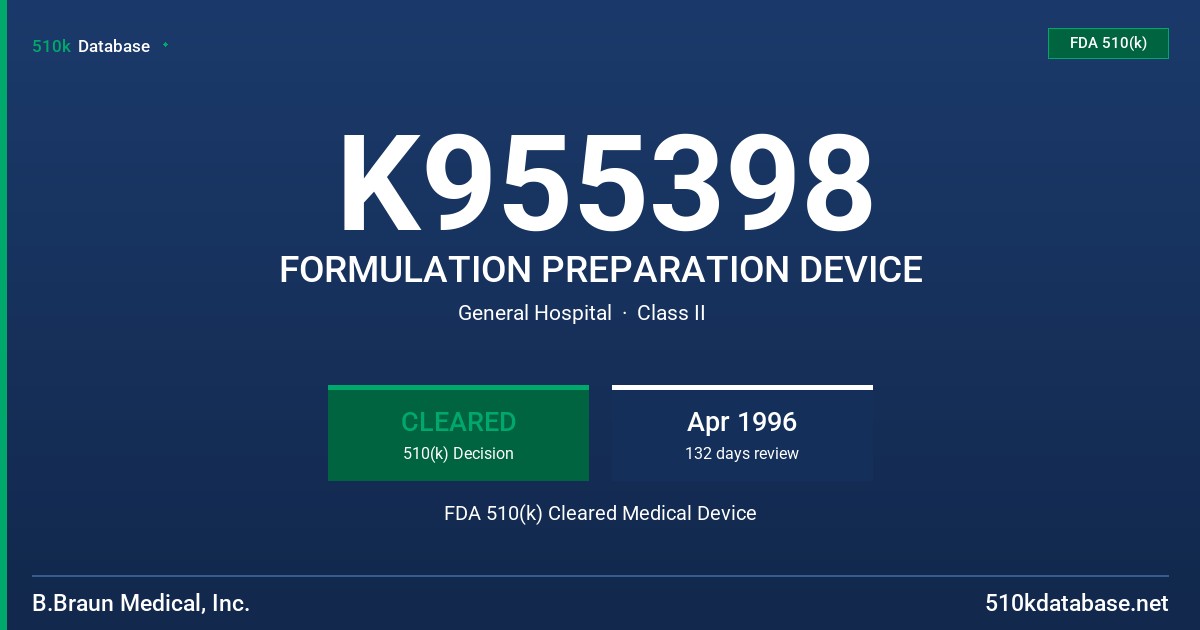 K955398 FORMULATION PREPARATION DEVICE FDA 510(k) Cleared Medical Device