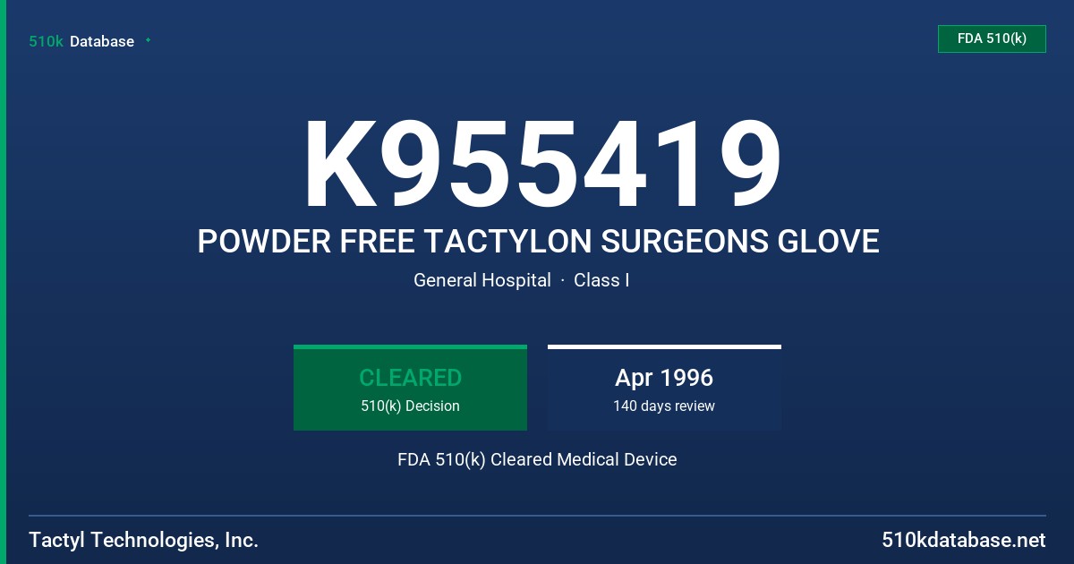 K955419 POWDER FREE TACTYLON SURGEONS GLOVE FDA 510(k) Cleared Medical Device