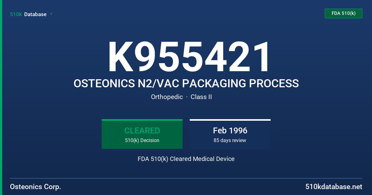 K955421 OSTEONICS N2/VAC PACKAGING PROCESS FDA 510(k) Cleared Medical Device