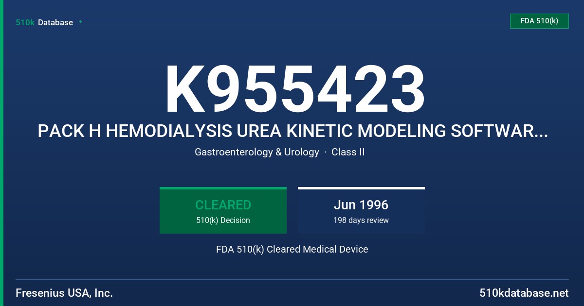K955423 PACK H HEMODIALYSIS UREA KINETIC MODELING SOFTWARE PROGRAM FDA 510(k) Cleared Medical Device