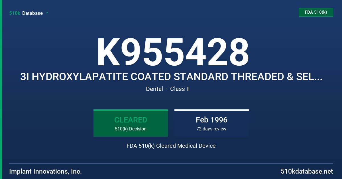 K955428 3I HYDROXYLAPATITE COATED STANDARD THREADED & SELF-TAPPING IMPLANTS FDA 510(k) Cleared Medical Device