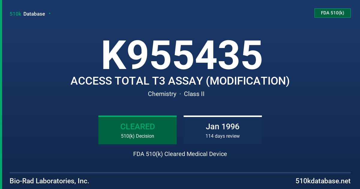 K955435 ACCESS TOTAL T3 ASSAY (MODIFICATION) FDA 510(k) Cleared Medical Device