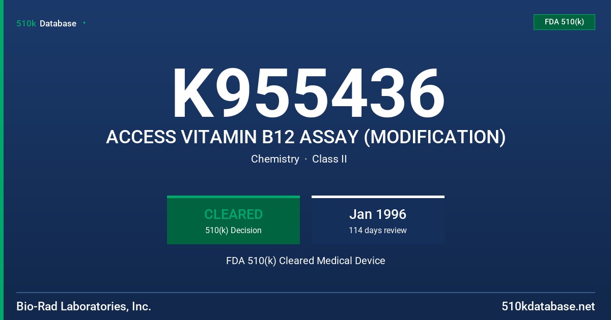 K955436 ACCESS VITAMIN B12 ASSAY (MODIFICATION) FDA 510(k) Cleared Medical Device